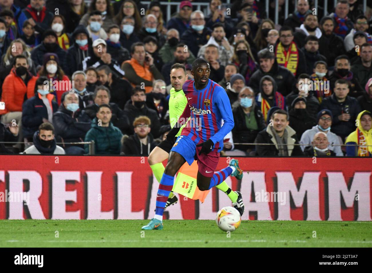 BARCELONA, SPAIN - APRIL 3: Ousmane Dembélé of FC Barcelona drives the ball during La Liga match between FC Barcelona and Sevilla FC at Campo Nou on April 3, 2022 in Barcelona, Spain. (Photo by Sara Aribó/Pximages) Credit: Px Images/Alamy Live News Stock Photo
