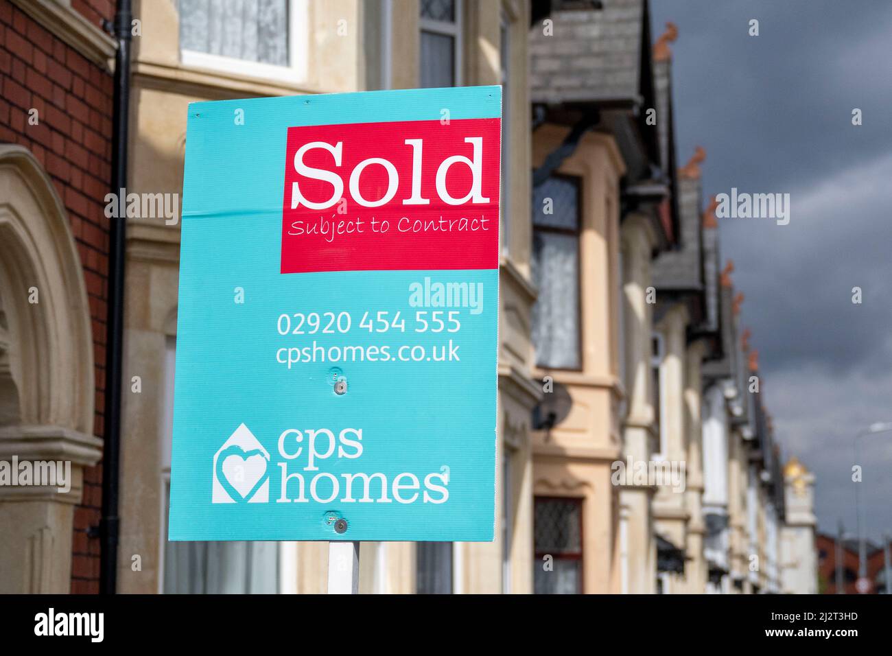 A sold sign outside a residential property in Cardiff, Wales, United Kingdom. Stock Photo