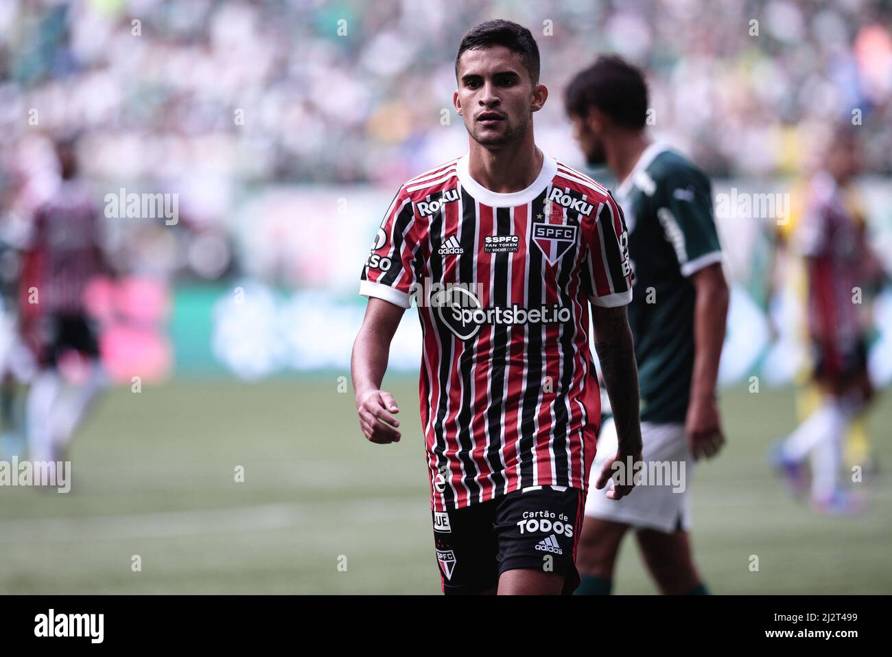 Sao Paulo, Brazil. 03rd Apr, 2022. SP - Sao Paulo - 03/04/2022 - PAULISTA  2022 FINAL, PALMEIRAS X SAO PAULO - Ze Rafael jogador do Palmeiras comemora  seu gol com Rony jogador