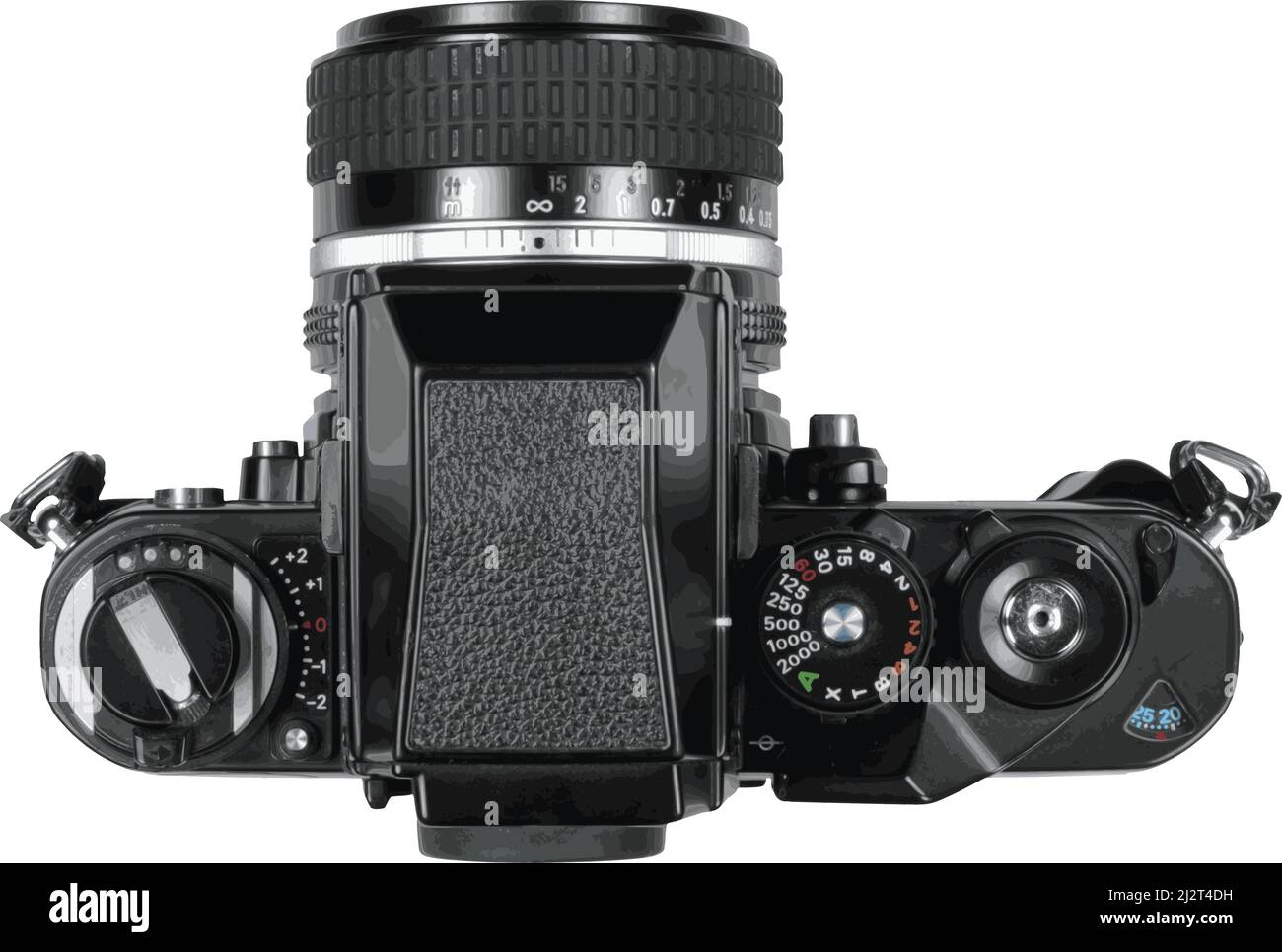 Overhead view of classic professional film camera showing the dials and film advancing lever. Stock Vector