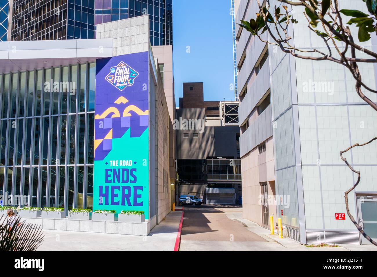 NEW ORLEANS, LA, USA - APRIL 3, 2022: NCAA Men's Final Four Basketball Banner on the side of the Hyatt Regency Hotel in the Central Business District Stock Photo