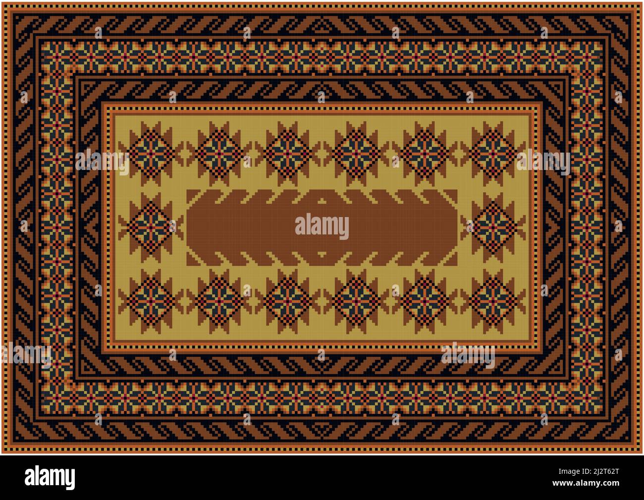 Vintage carpet in shades of brown with yellow and red, blue and black ...