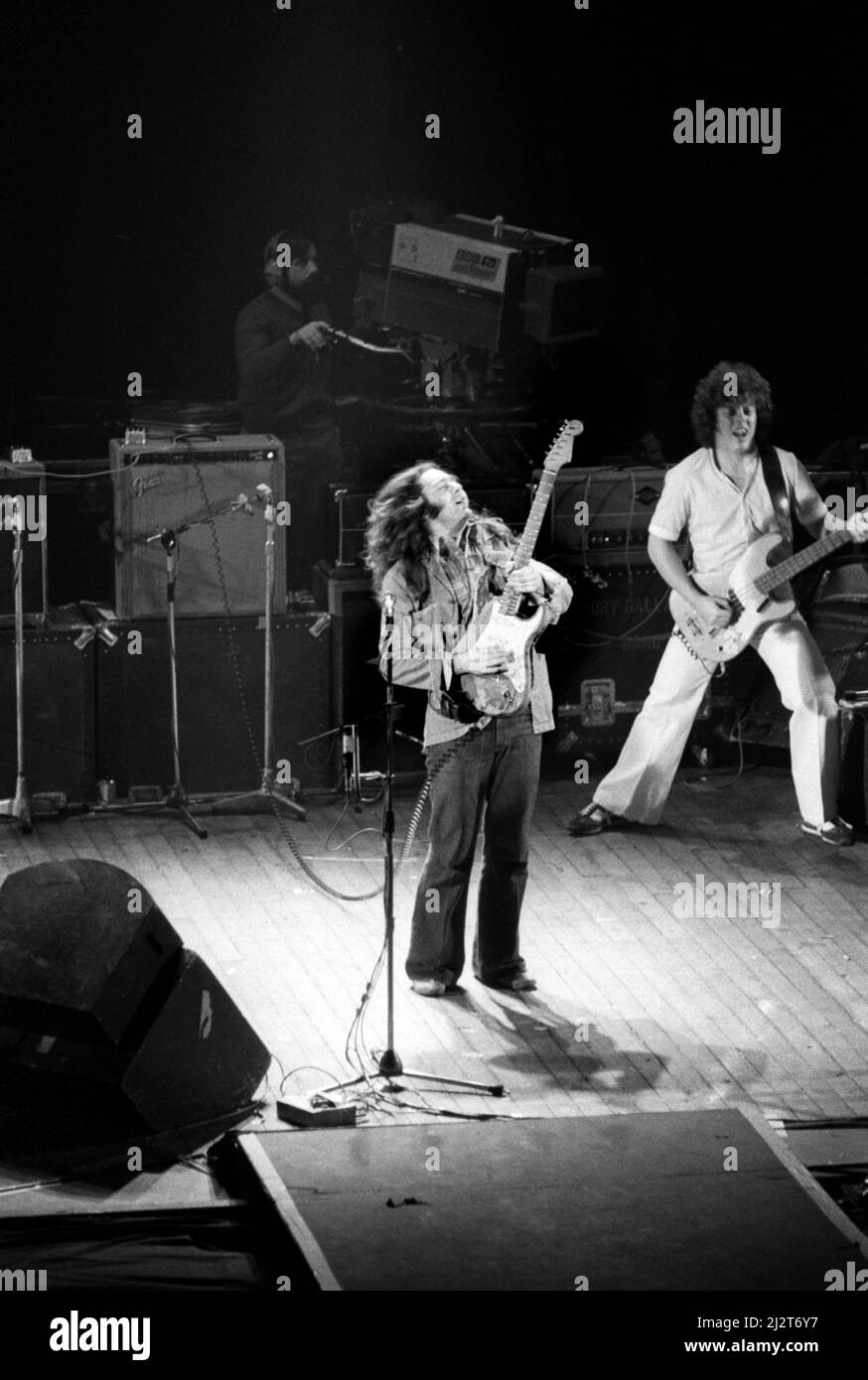 Irish blues/rock guitarist and singer Rory Gallagher at the Lyceum Theatre, London, England in 1977. Stock Photo