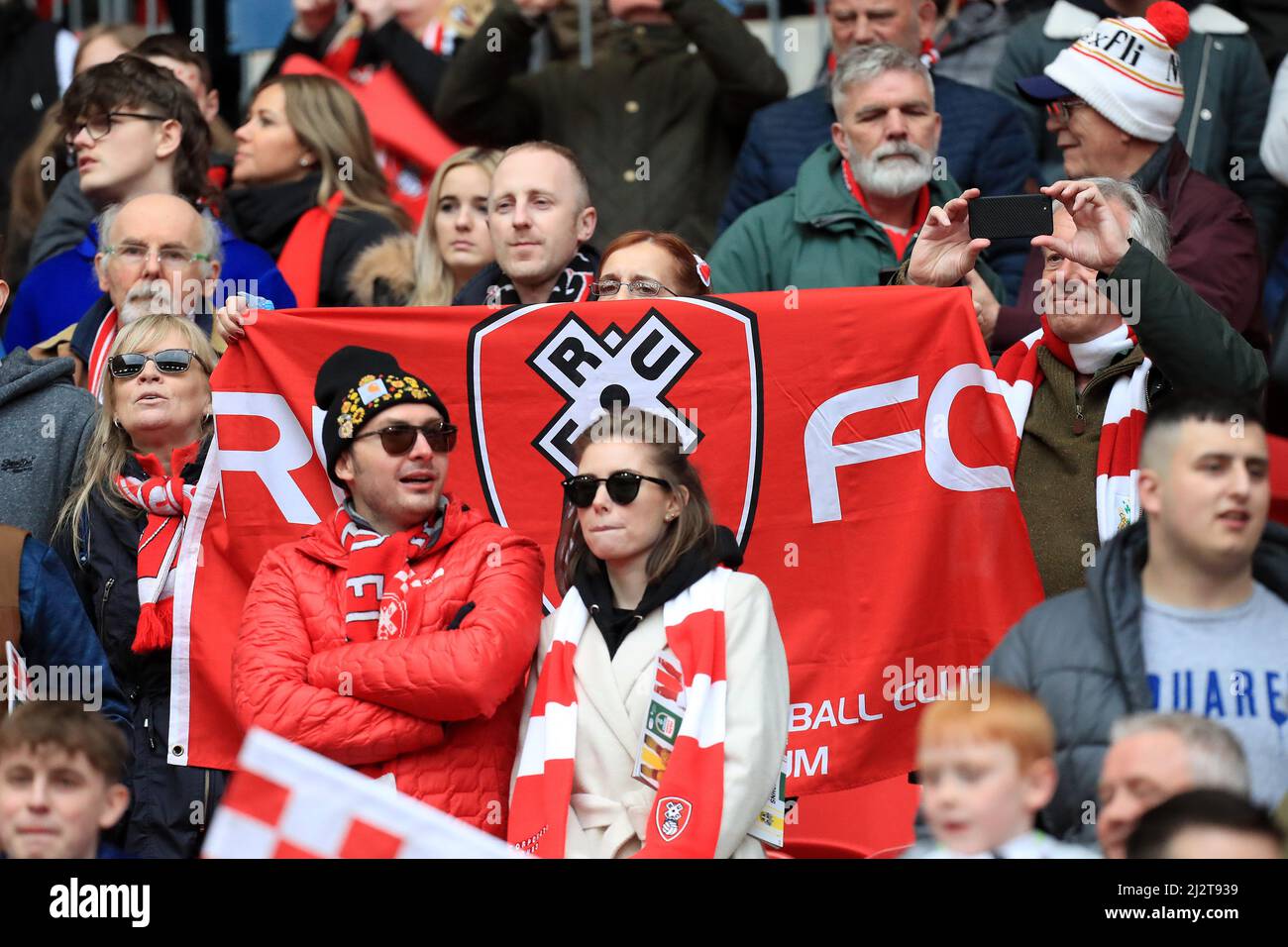 London, UK. 03rd Apr, 2022. Rotherham United fans with a flag at full