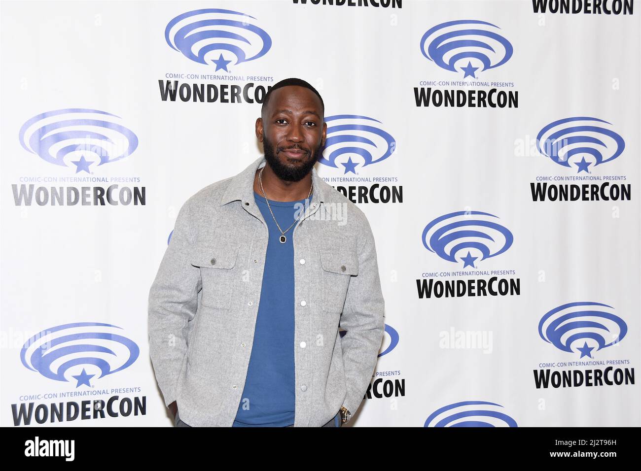 LaMorne Morris arrival at Hulu's photocall for 'Woke' held on day three of Wonder Con 2022 at Anaheim Convention Center Stock Photo