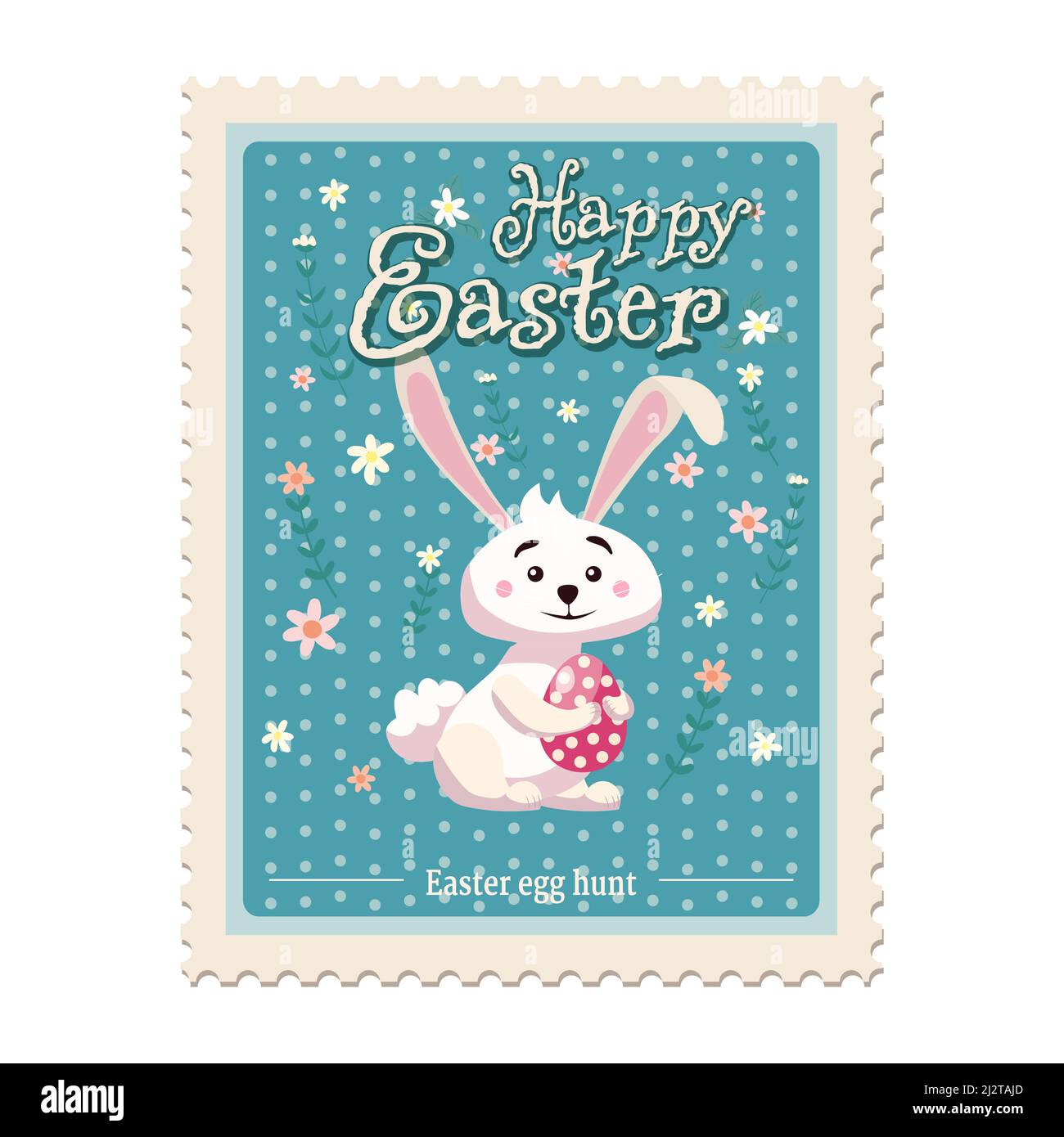 Easter postal stamp, bunny, retro graphic. Vintage vector Stock Vector
