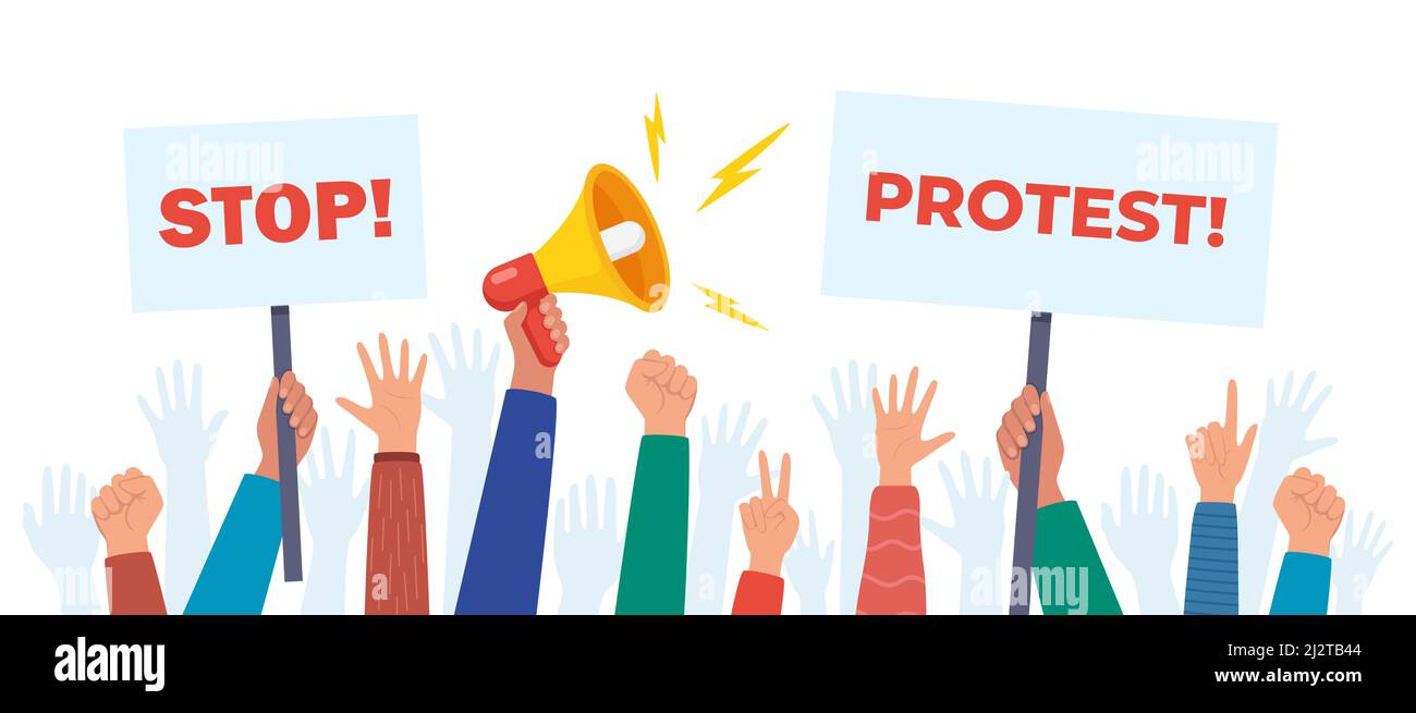 Protesters hands holding protest signs, crowd of angry people. Banner, manifesting activists demonstrating sign. Street demonstration concept. Politic Stock Vector