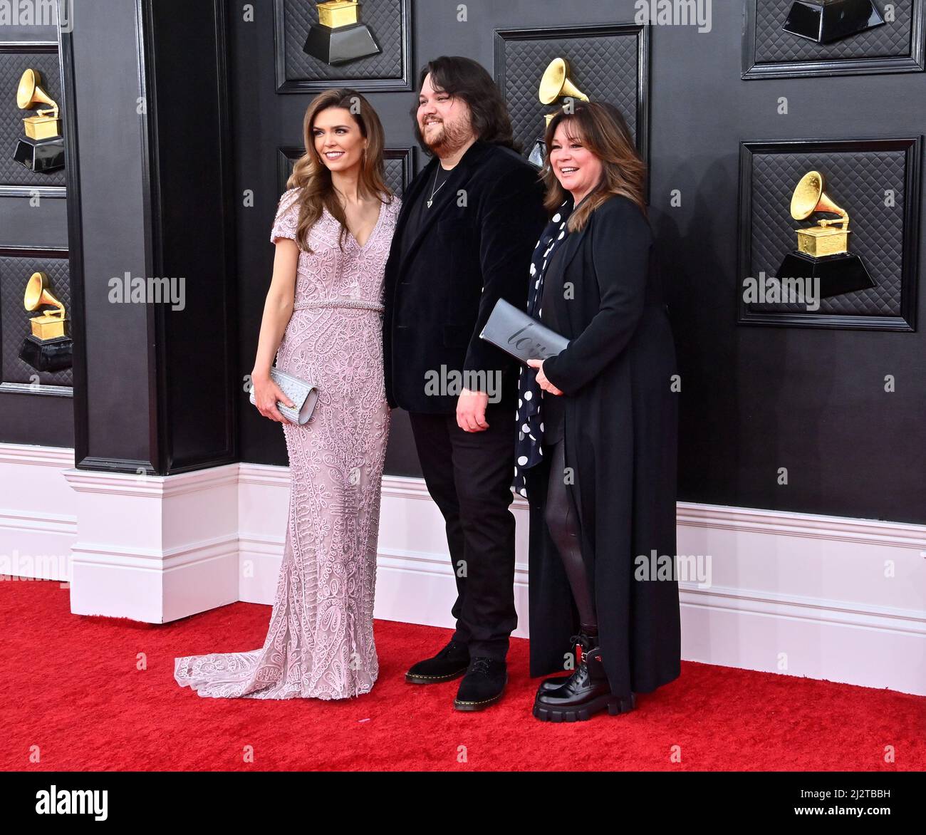 Las Vegas, United States. 03rd Apr, 2022. Andraia Allsop, Wolfgang Van Halen and Valerie Bertinelli arrive for the 64th annual Grammy Awards at the MGM Grand Garden Arena in Las Vegas, Nevada on Sunday, April 3, 2022. Photo by Jim Ruymen/UPI Credit: UPI/Alamy Live News Stock Photo