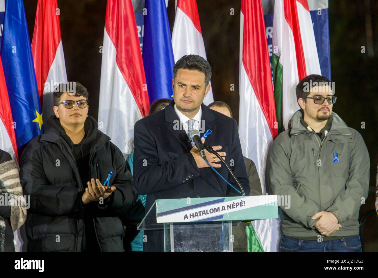 Budapest, Budapest. 3rd Apr, 2022. Peter Marki-Zay (C), leader of the  opposition alliance, delivers his speech at a rally in Budapest, Hungary on  April 3, 2022. Hungarian Prime Minister Viktor Orban's ruling