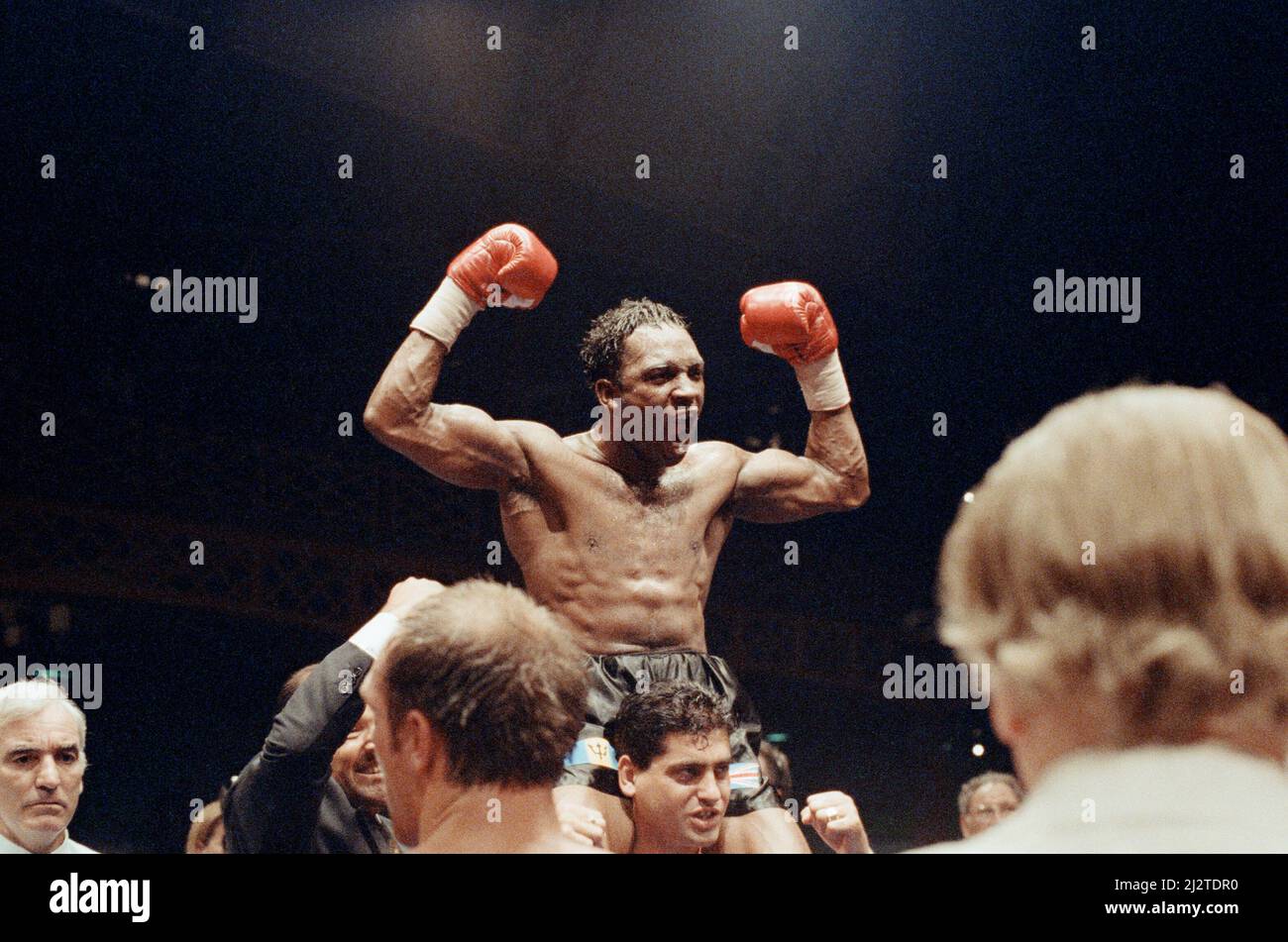 WBC super-middleweight title, Nigel Benn vs Lou Gent. Earls Court Exhibition Centre, London, England.Benn stopped his opponent in the 4th round by TKO to retain his WBC super-middleweight belt. 26th June 1993 Stock Photo
