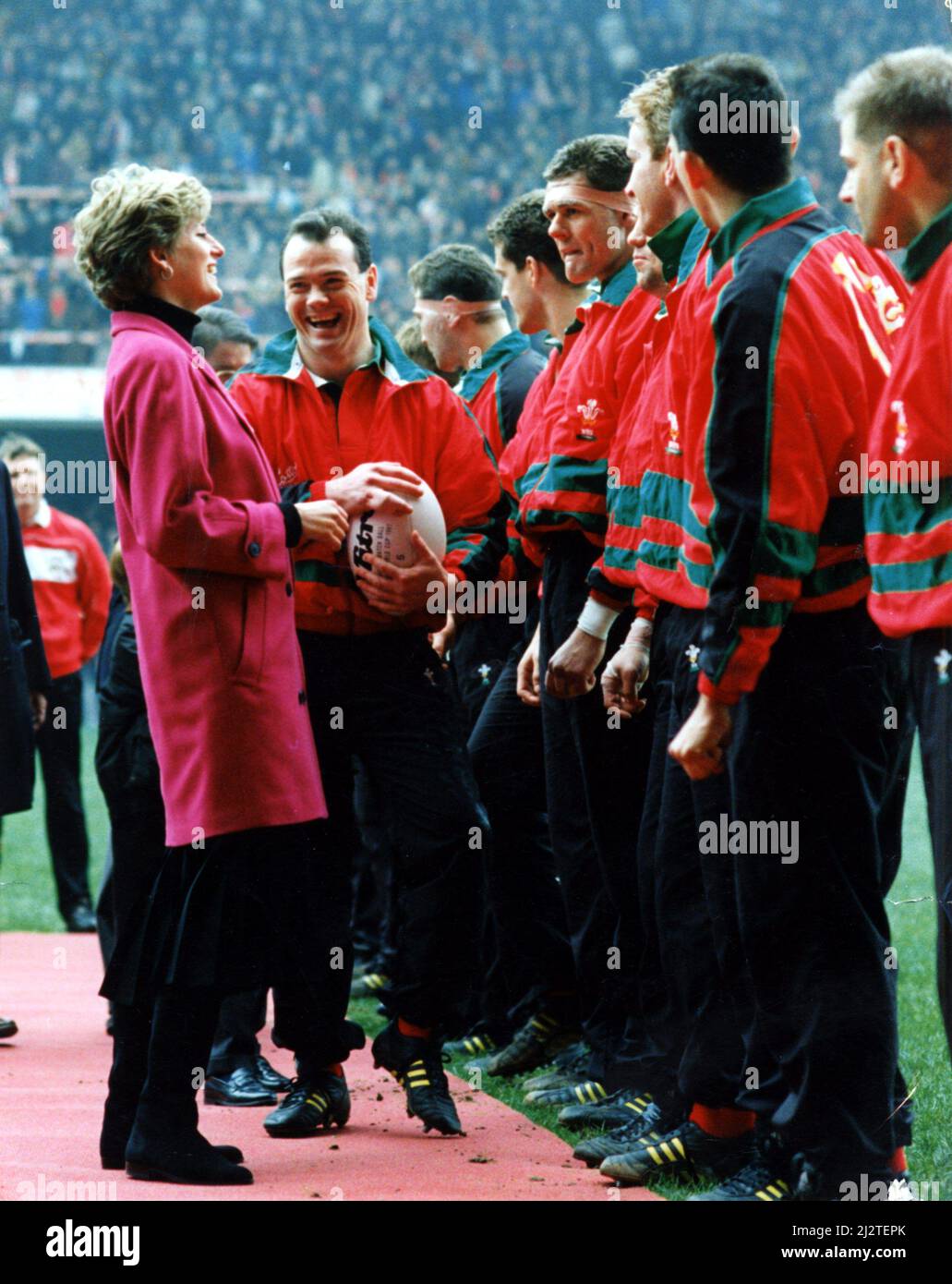 Diana, Princess of Wales is introduced to the Welsh rugby team by captain Ieuan Evans ahead of the international rugby union match between Wales and France at Cardiff Arms Park for the Five Nations Championship. 20th February 1992. Stock Photo