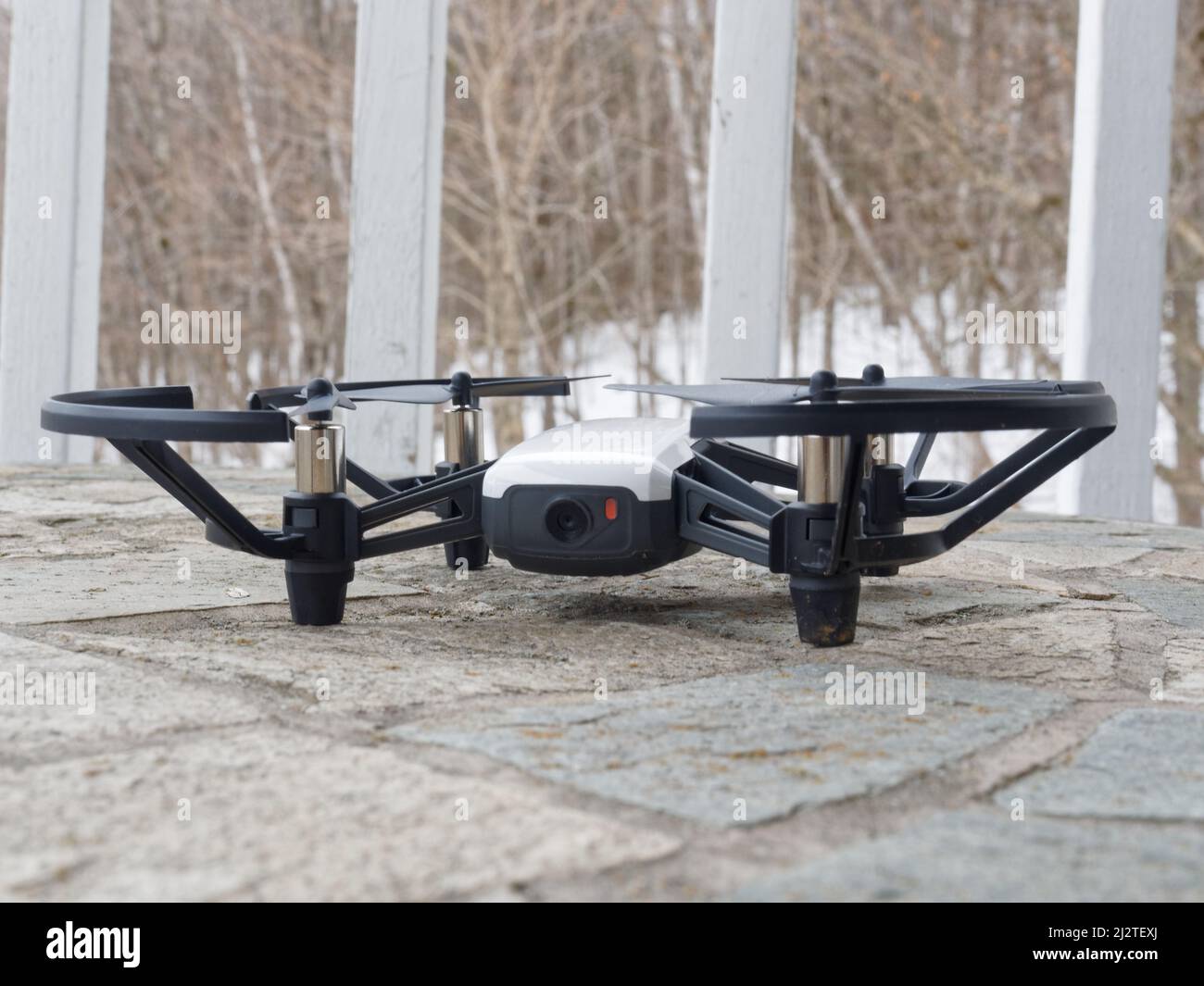 Toy drone sitting on an outdoor table. Quebec,Canada Stock Photo