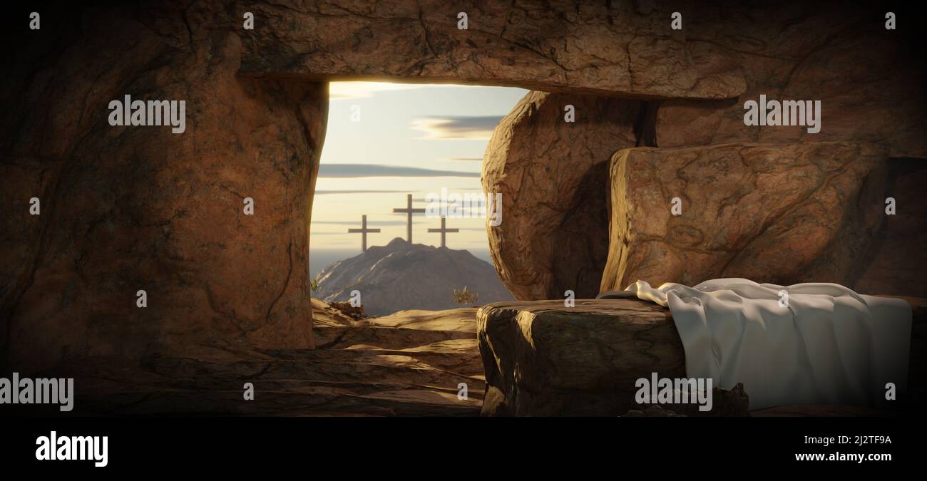 Resurrection Happy Easter He is Risen Light In The Empty Tomb With Crucifixion At Sunrise Stock Photo