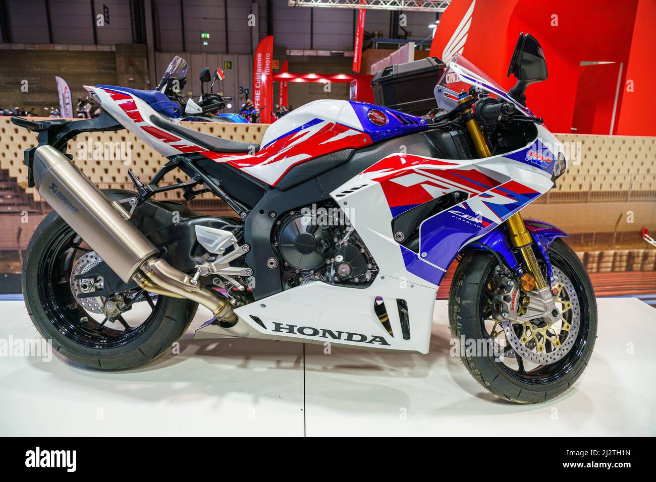 Madrid, Spain. 03rd Apr, 2022. Motorcycle brand Honda model CBR is  exhibited at the live the motorcycle (Vive la Moto) fair in Madrid. Vive la  Moto show is the second edition of