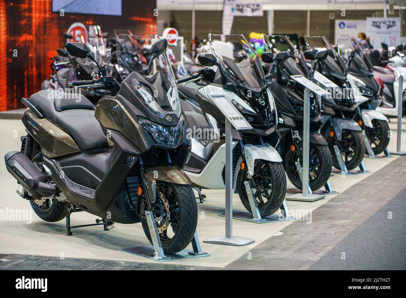 Madrid, Spain. 03rd Apr, 2022. JetX brand motorcycles are exhibited at the  live the motorcycle (Vive la Moto) fair in Madrid. Vive la Moto show is the  second edition of the event