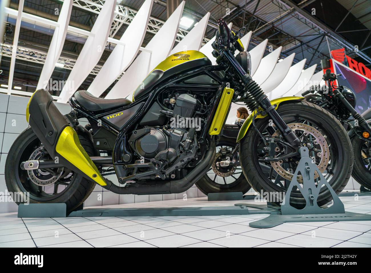 Madrid, Spain. 03rd Apr, 2022. Motorcycle brand Honda model Rebel is  exhibited at the live the motorcycle (Vive la Moto) fair in Madrid. Vive la  Moto show is the second edition of
