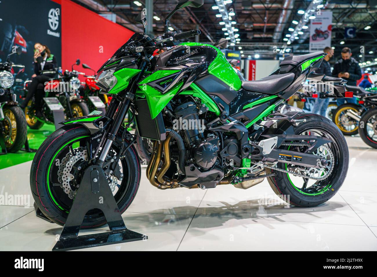 Madrid, Spain. 03rd Apr, 2022. Motorcycle brand Kawasaki model Domain Z is  exhibited at the live the motorcycle (Vive la Moto) fair in Madrid. Vive la  Moto show is the second edition