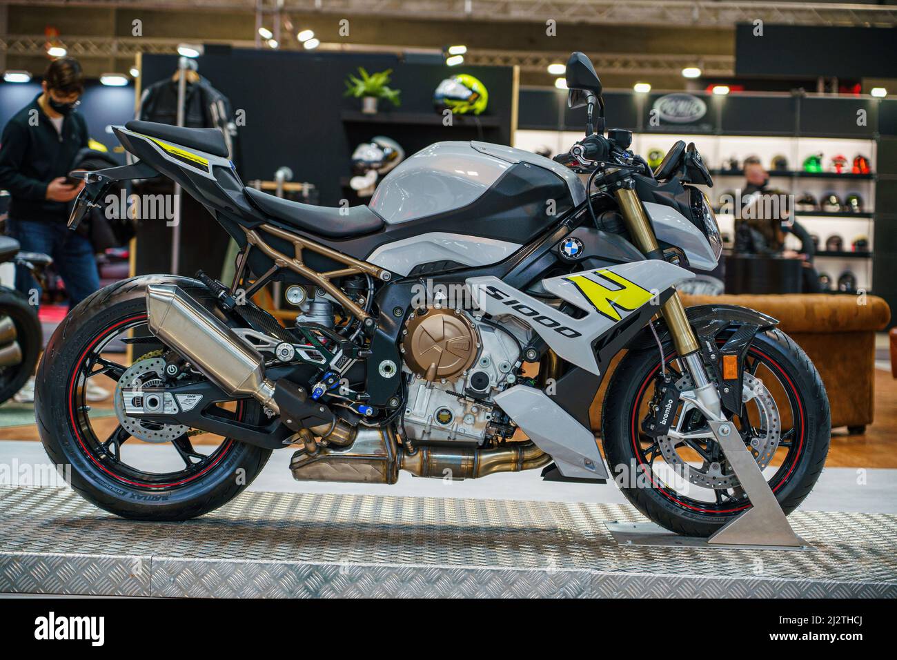 Motorcycle brand Bmw model s1000R is exhibited at the live the motorcycle  (Vive la Moto) fair in Madrid. Vive la Moto show is the second edition of  the event dedicated to the