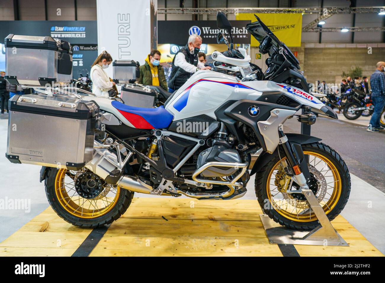 Motorcycle brand BMW model M 1250 RR is exhibited at the live the motorcycle  (Vive la Moto) fair in Madrid. Vive la Moto show is the second edition of  the event dedicated