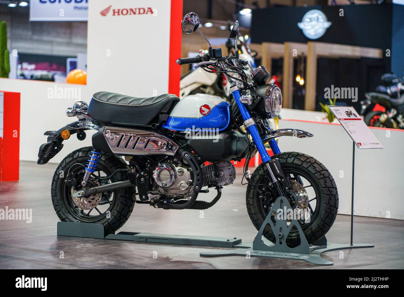 Honda brand motorcycle Monkey Model is exhibited at the live the motorcycle  (Vive la Moto) fair in Madrid. Vive la Moto show is the second edition of  the event dedicated to the