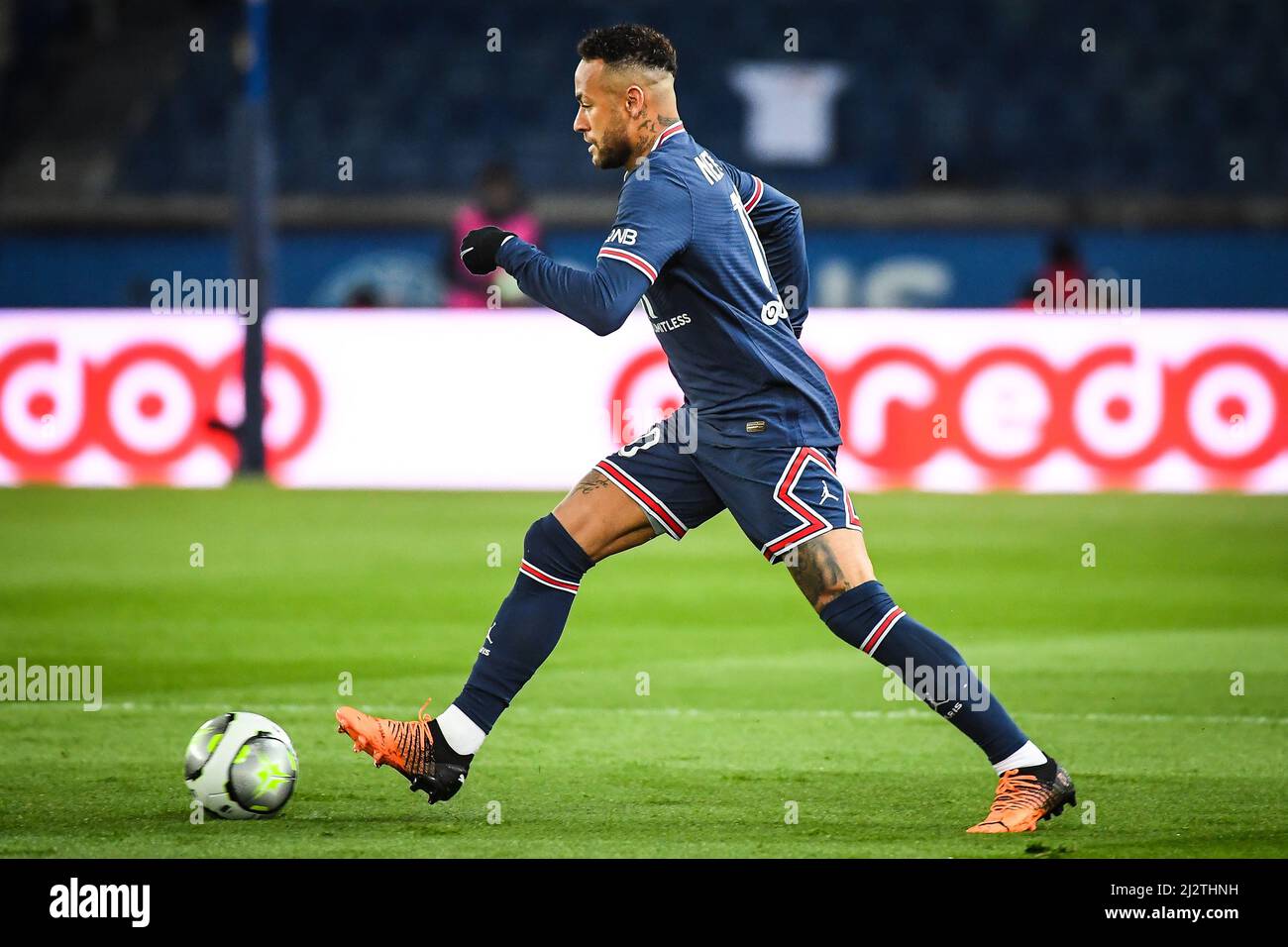 April 3, 2022, Paris, France, France: NEYMAR JR of PSG during the Ligue 1  match between Paris Saint-Germain (PSG) and FC Lorient at Parc des Princes  stadium on April 03, 2022 in