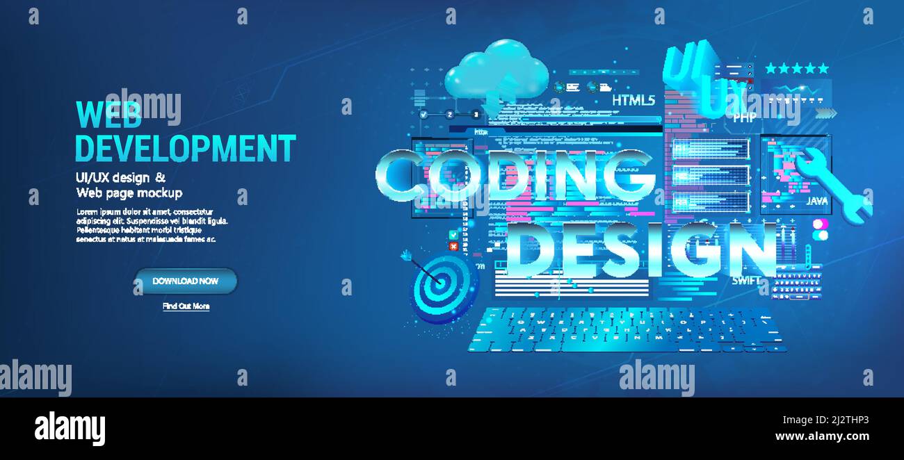 3D elements with coding and design development Web and App Stock Vector ...