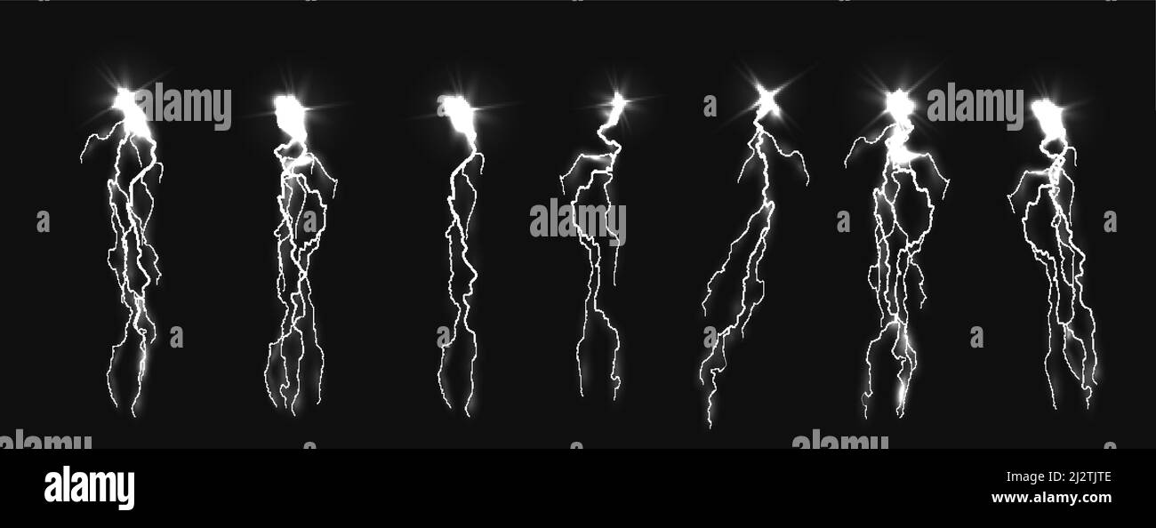 Set of white lightning bolts with flash, light sparkle and thunderstorm effect Stock Vector