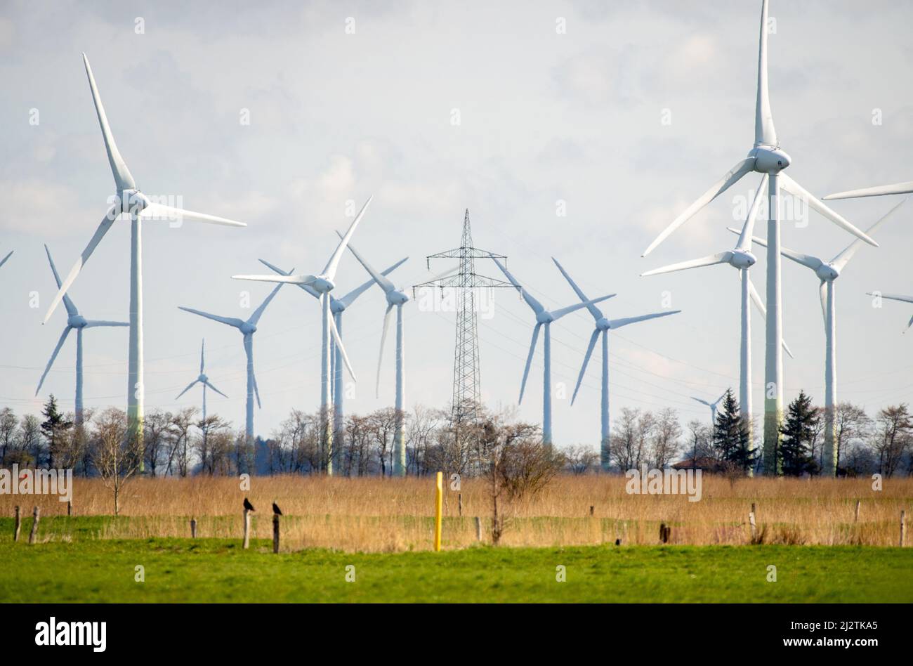 Norden, Germany. 02nd Apr, 2022. Numerous wind turbines stand in sunny weather on fields in the district of Aurich. The Intergovernmental Panel on Climate Change (IPCC) will present the third part of its new assessment report on April 4, 2022. It deals with the political and technological measures to mitigate climate change. Credit: Hauke-Christian Dittrich/dpa/Alamy Live News Stock Photo