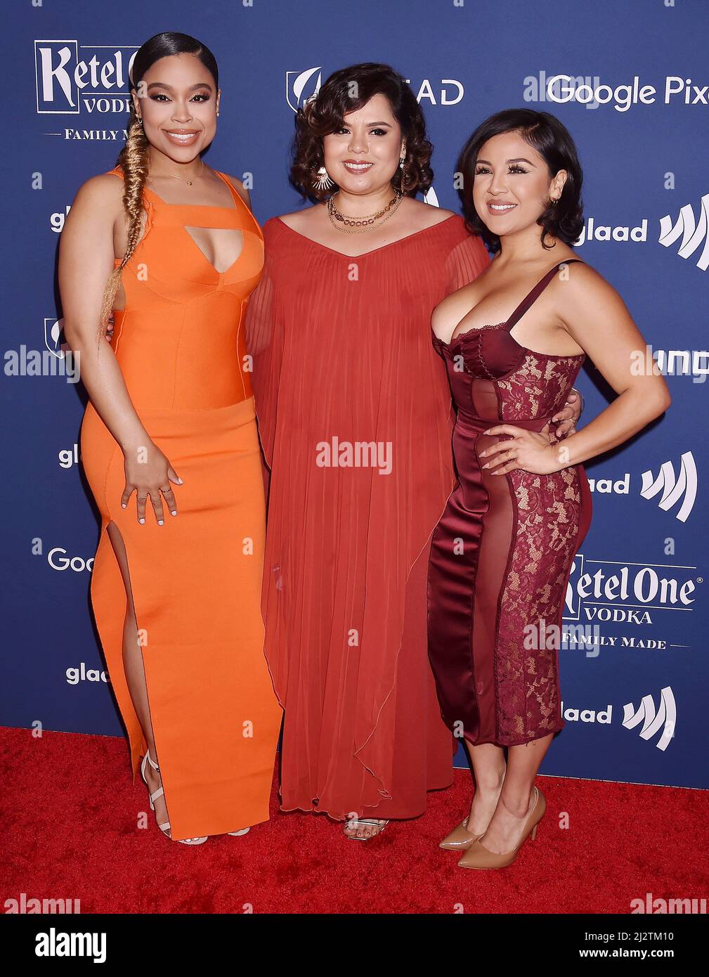 BEVERLY HILLS, CA - APRIL 02: (L-R) Julissa Calderon, Linda Yvette Chavez and Annie Gonzalez attend the 33rd Annual GLAAD Media Awards at the Beverly Stock Photo
