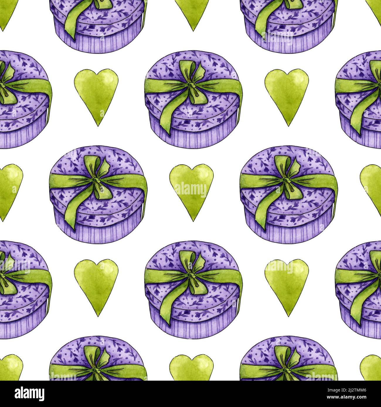 Watercolor illustration pattern purple cardboard box and green hearts. Gift box with hand