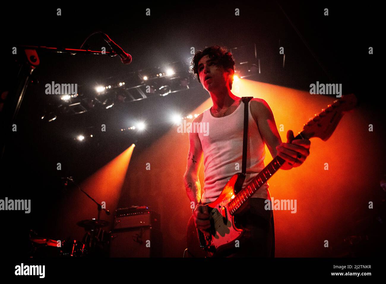 Copenhagen, Denmark. 02nd, April 2022. The Irish post-punk band Fontaines D.C. performs a live concert at VEGA in Copenhagen. Here guitarist Carlos O'Connell is seen live on stage. (Photo credit: Gonzales Photo - Christian Hjorth). Stock Photo