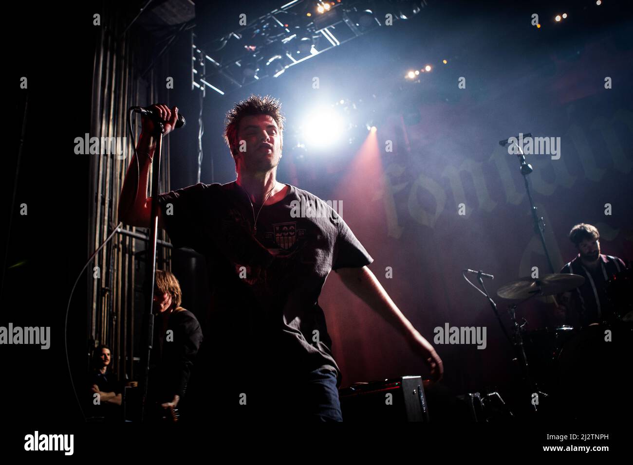 Copenhagen, Denmark. 02nd, April 2022. The Irish post-punk band Fontaines D.C. performs a live concert at VEGA in Copenhagen. Here vocalist Grian Chatten is seen live on stage. (Photo credit: Gonzales Photo - Christian Hjorth). Stock Photo