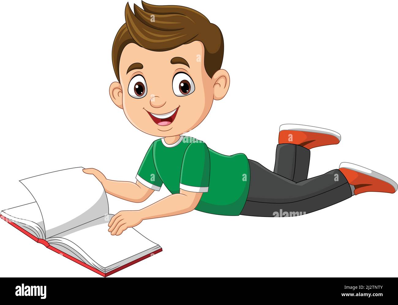 Happy little boy laying and reading a book Stock Vector