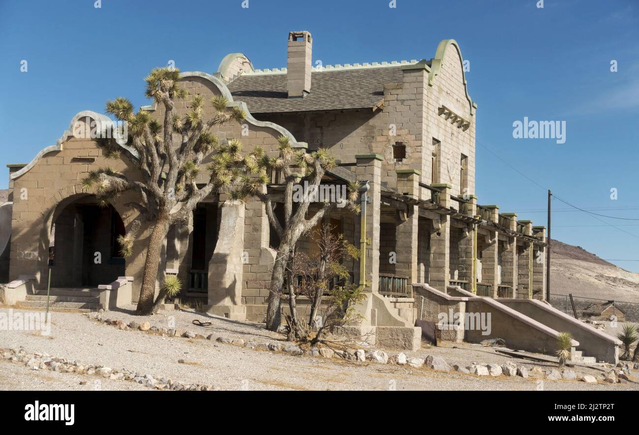 Old Ruins of Historic Abandoned Railway Station Stone Building Exterior in Rhyolite Ghost Town, Nevada USA Stock Photo