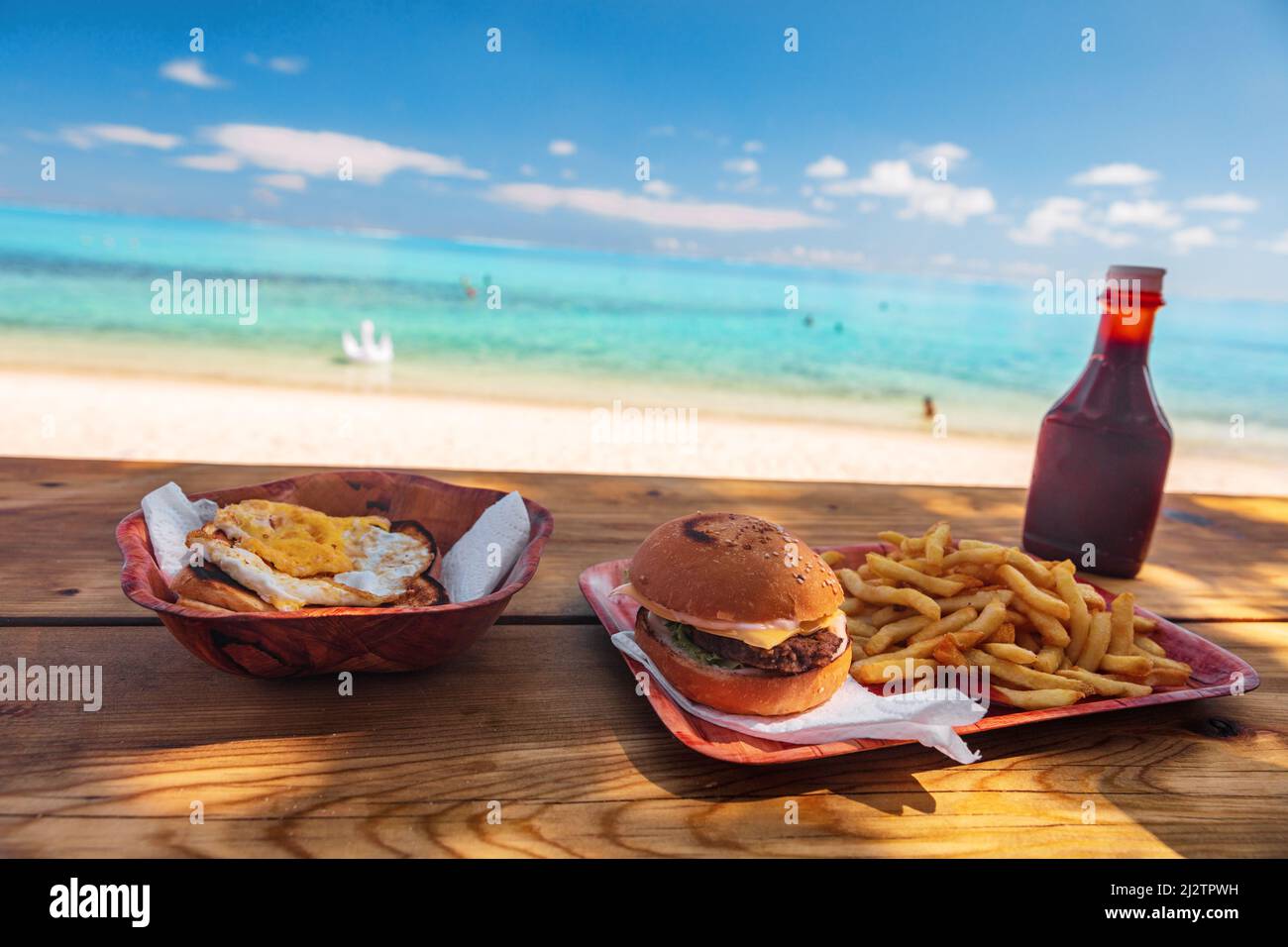 Beach fast food restaurant shake shack bar view of burger and french