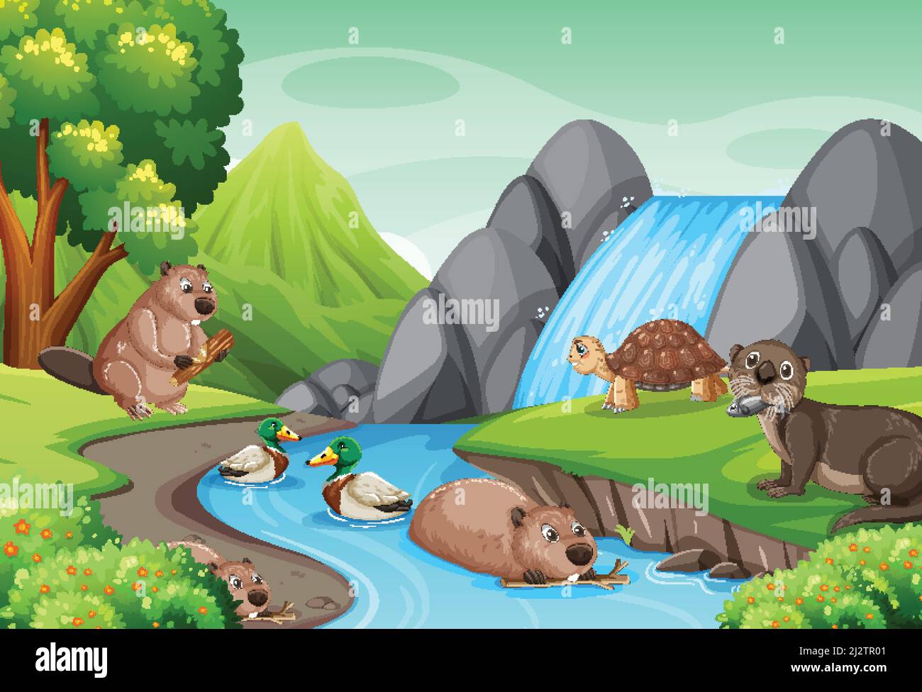 Waterfall in the forest with wild animals illustration Stock Vector