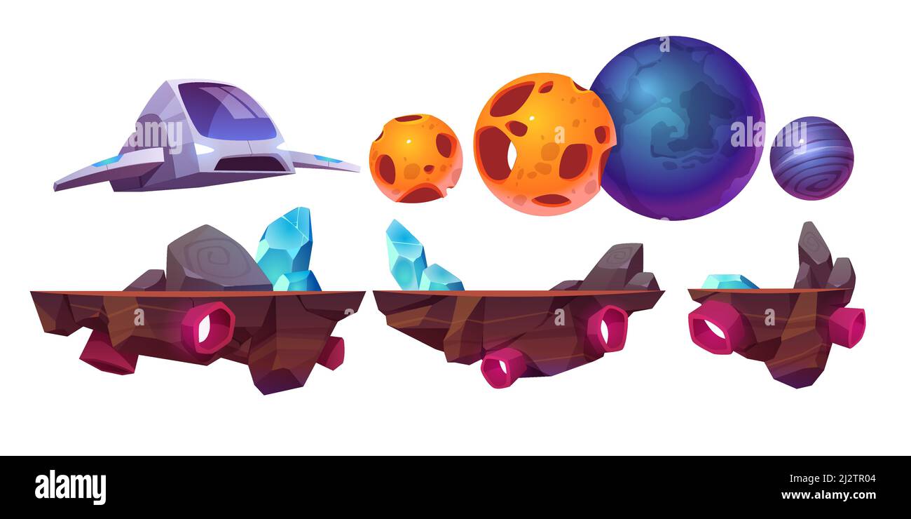 Space game platform, cartoon arcade isolated elements spaceship, flying rocks and alien planets for computer or mobile 2d gui design. Cosmos adventure Stock Vector