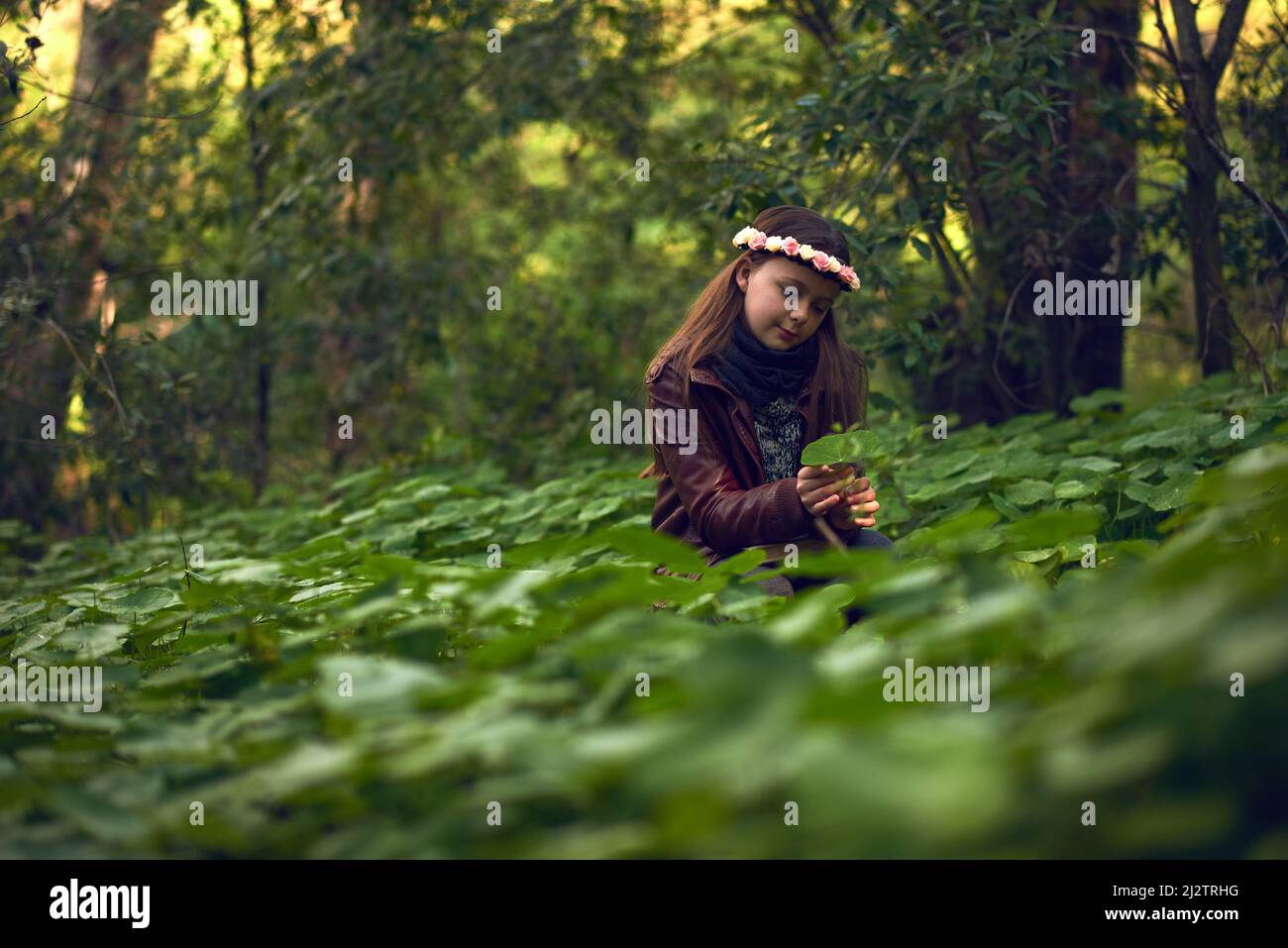 She believes in nurturing nature. Shot of a little girl playing outdoors in a forest. Stock Photo