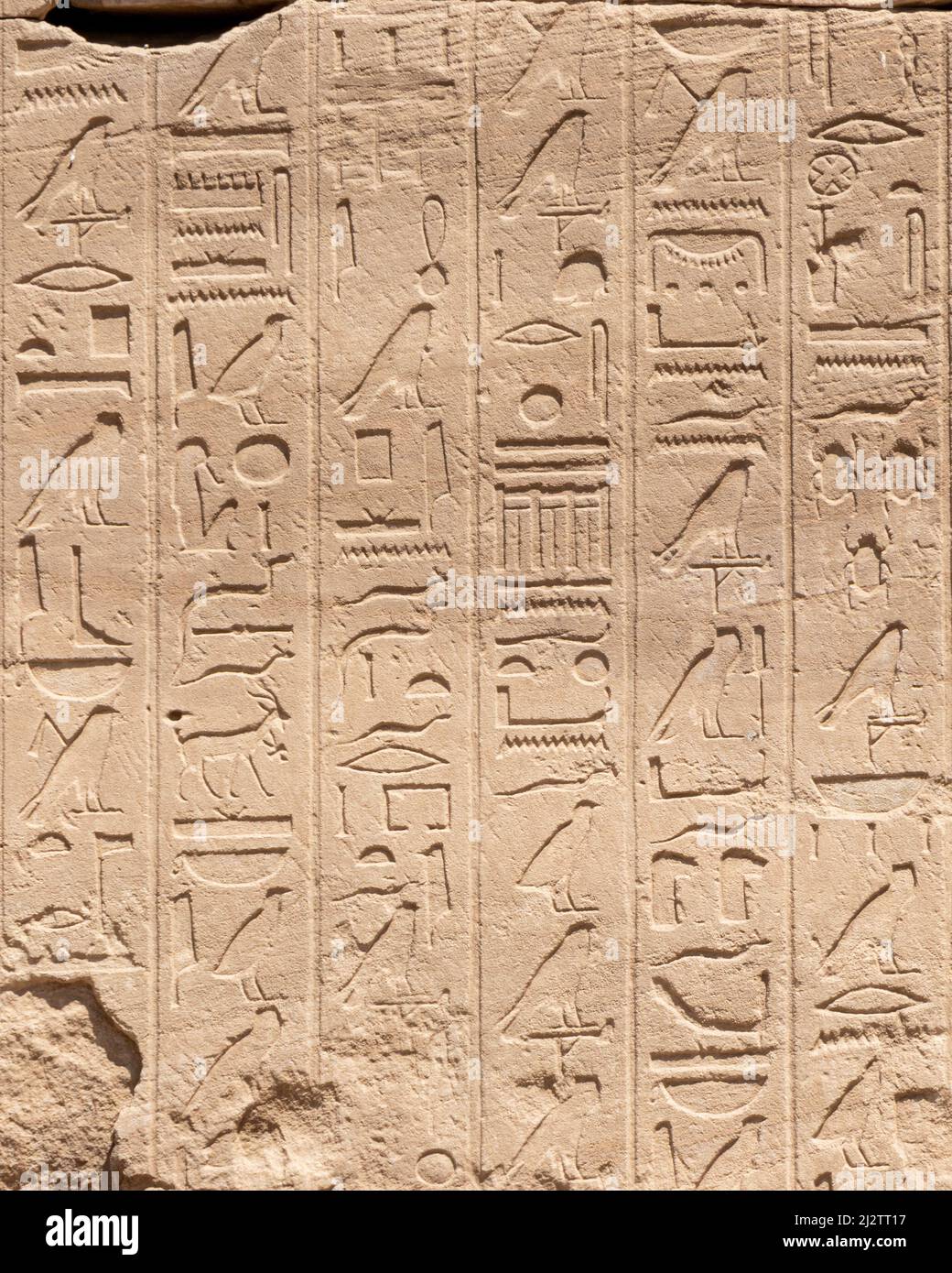 Ancient Egyptian hieroglyphs on the stone walls of the Karnak Temple in ...