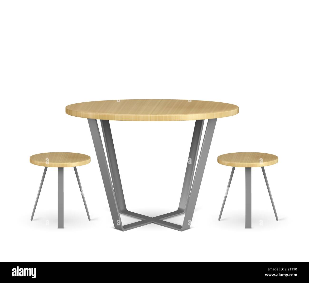 Round wooden table and circle chairs isolated on white background. Empty dining desk and pews with metal legs. restaurant, home, cafeteria furniture, Stock Vector