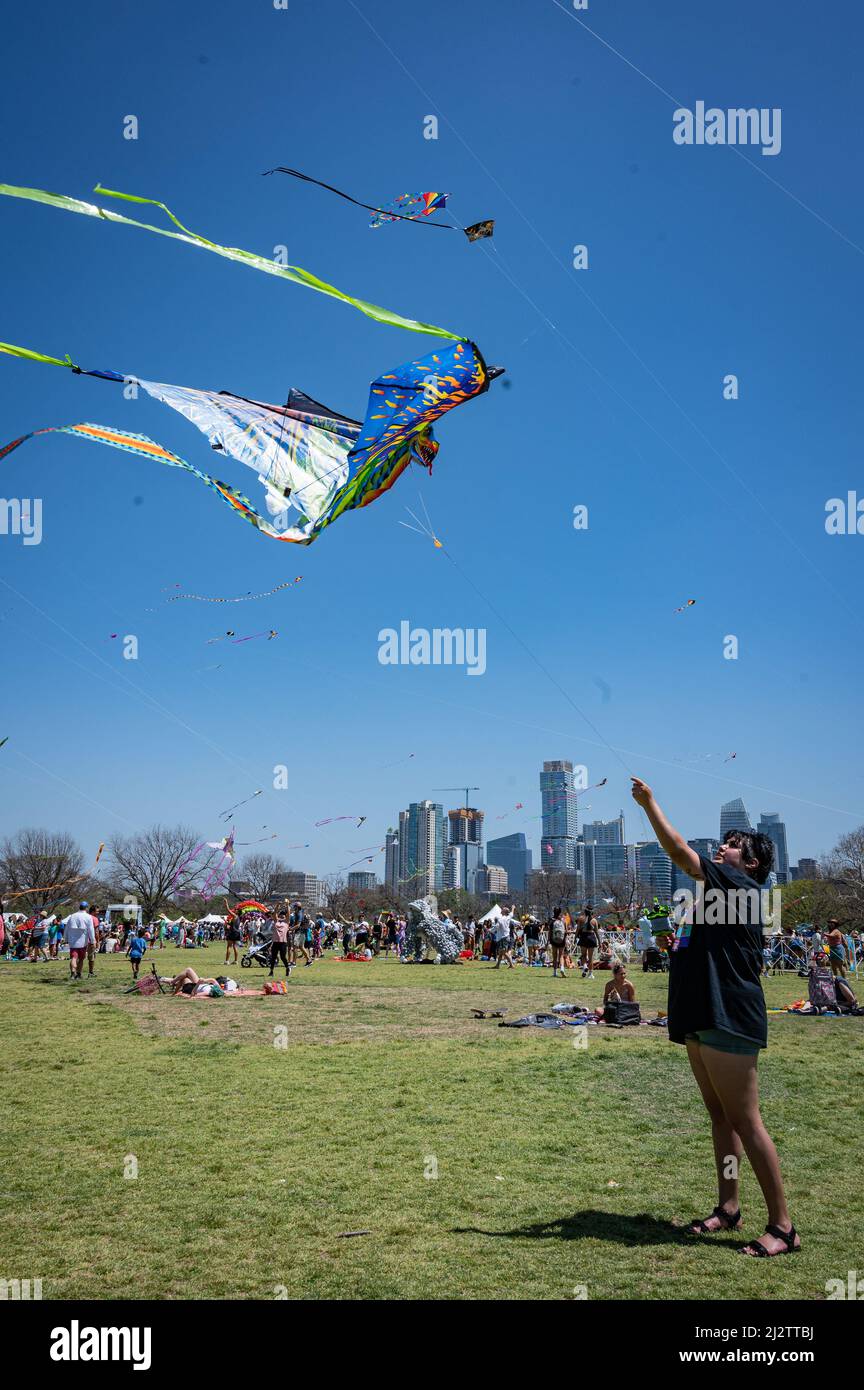 Austin, Texas, USA. 3 April, 2022. Cristal, 26, of Austin flys her