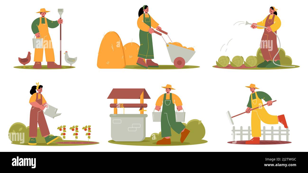 Farmers work on agriculture field and garden. Vector flat illustration of village people, rural workers watering vegetables, feed hen, with wheelbarrow, hay, buckets and rake Stock Vector