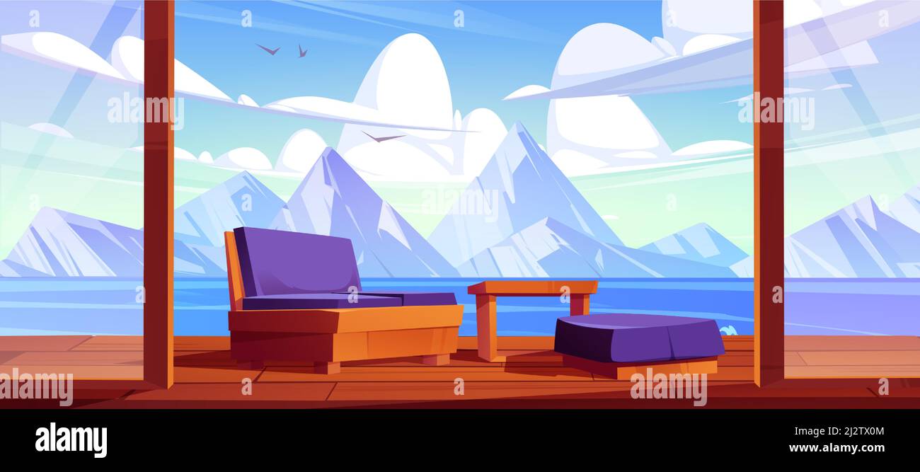 Terrace with mountain lake view. Home, villa or hotel area with sofa and ottoman stand on wooden patio with scenery nature landscape background with rocks and water pond, Cartoon vector illustration Stock Vector