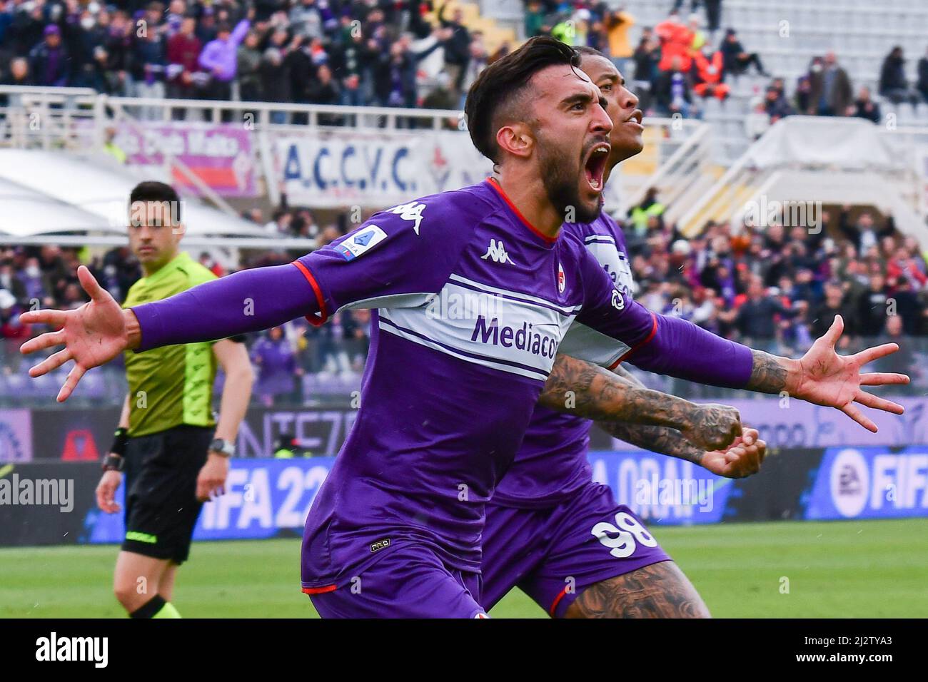 Florence, Italy. 03rd Apr, 2022. Nicolas Gonzalez (ACF Fiorentina)  celebrates after scoring a goal during ACF Fiorentina vs Empoli FC, italian  soccer Serie A match in Florence, Italy, April 03 2022 Credit