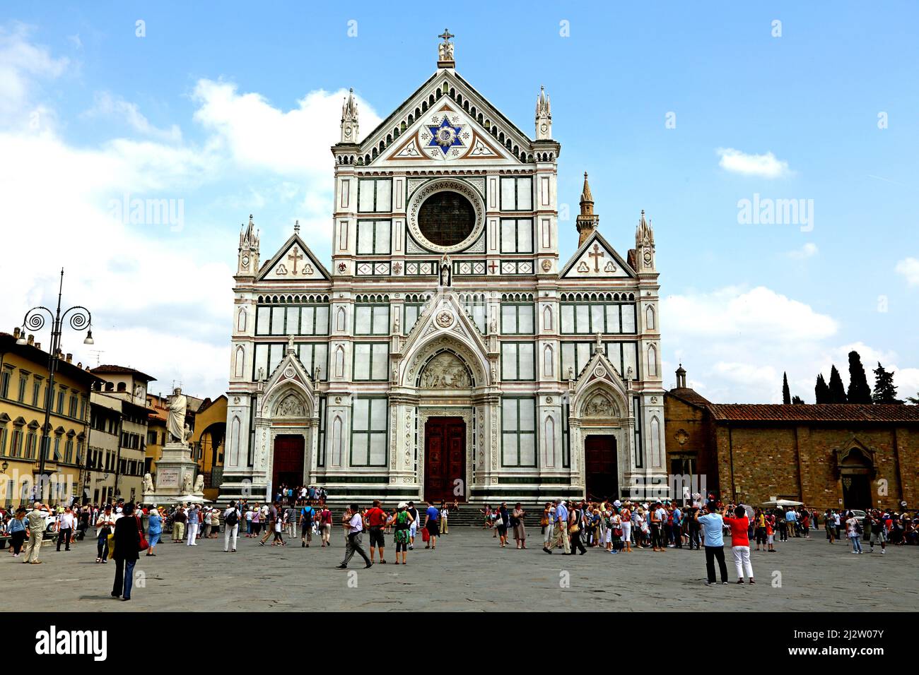 Tourists admiring the front of Basilica Santa Croce in Florence Italy Stock Photo
