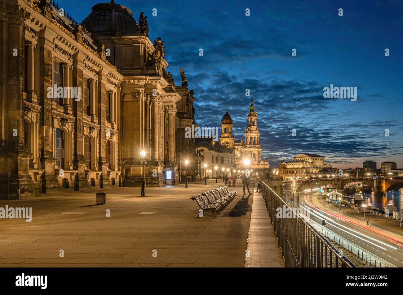 Bruehlsche Terrasse of Dresden at night, Saxony, Germany Stock Photo