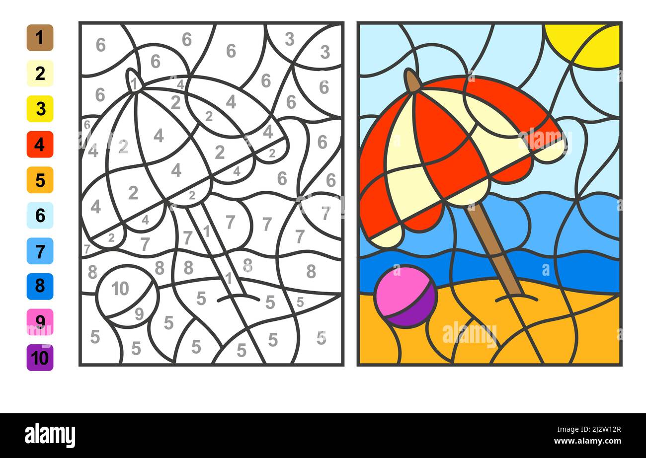 Color by numbers summer vacation. Puzzle game for children education