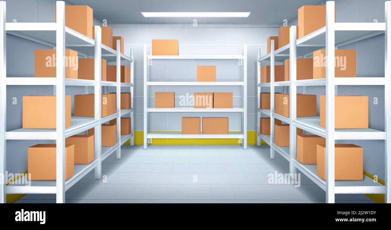 Cold room in warehouse with cardboard boxes on racks. Vector realistic interior of industrial storage with shelves, tiled walls and floor. Refrigerato Stock Vector