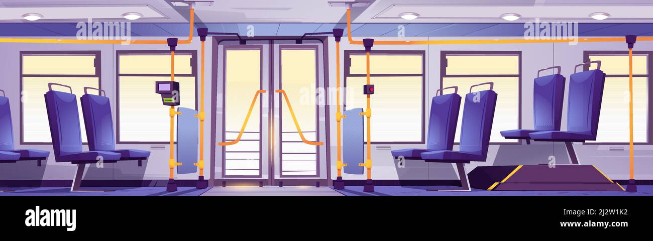 Bus interior, public transport empty salon with seats, handles, pos terminal for cashless payment and glass doors or windows. Urban commuter inside view, new city vehicle, Cartoon vector illustration Stock Vector Image Bus interior, public transport empty salon with seats, handles, pos terminal for cashless payment and glass doors or windows. Urban commuter inside view, new city vehicle, Cartoon vector illustration Stock Vector Image