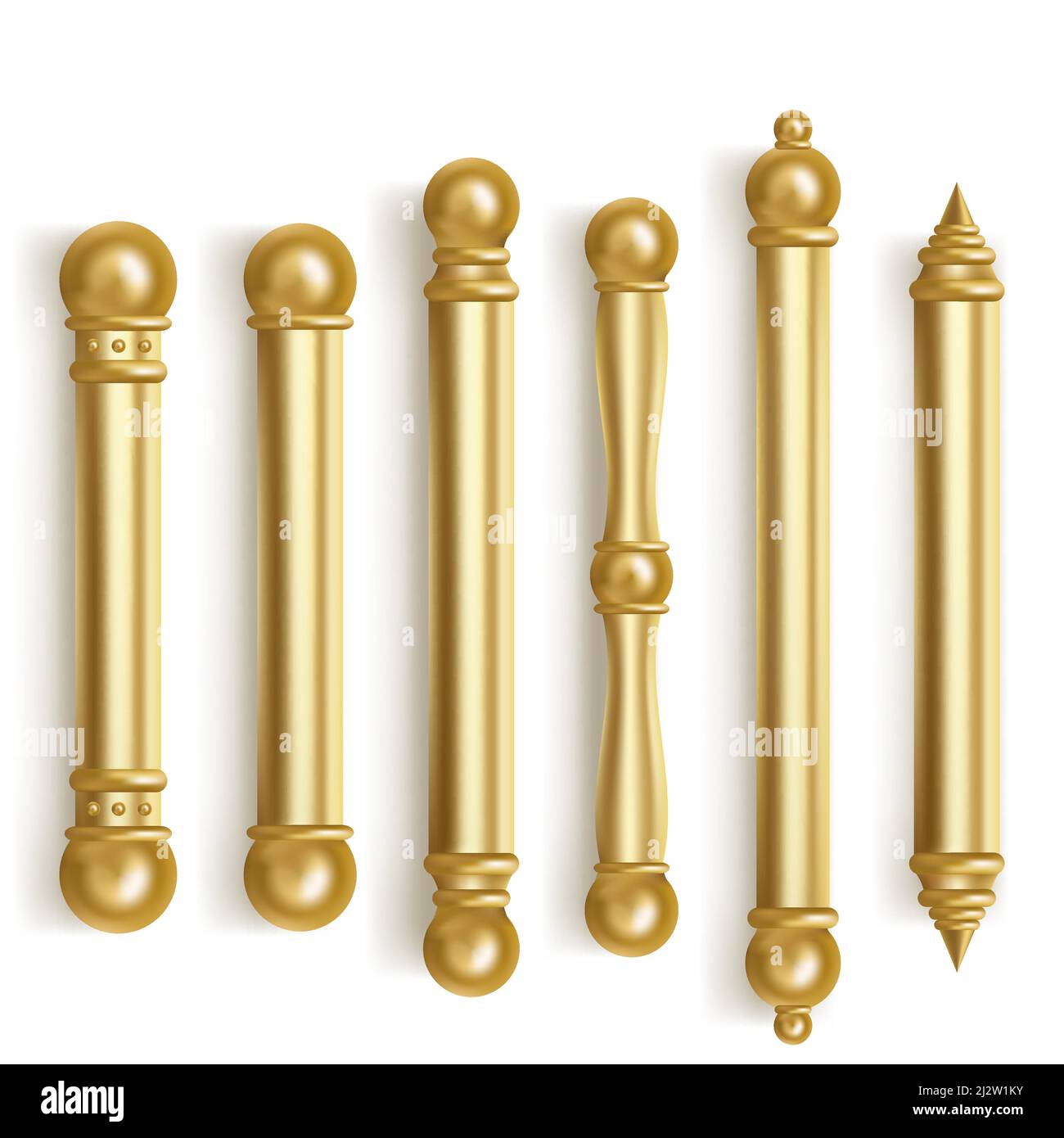 Baroque gold door handles for room interior in office or home. Vector realistic set of vintage golden long door pull knobs. Bar shape handles with bal Stock Vector